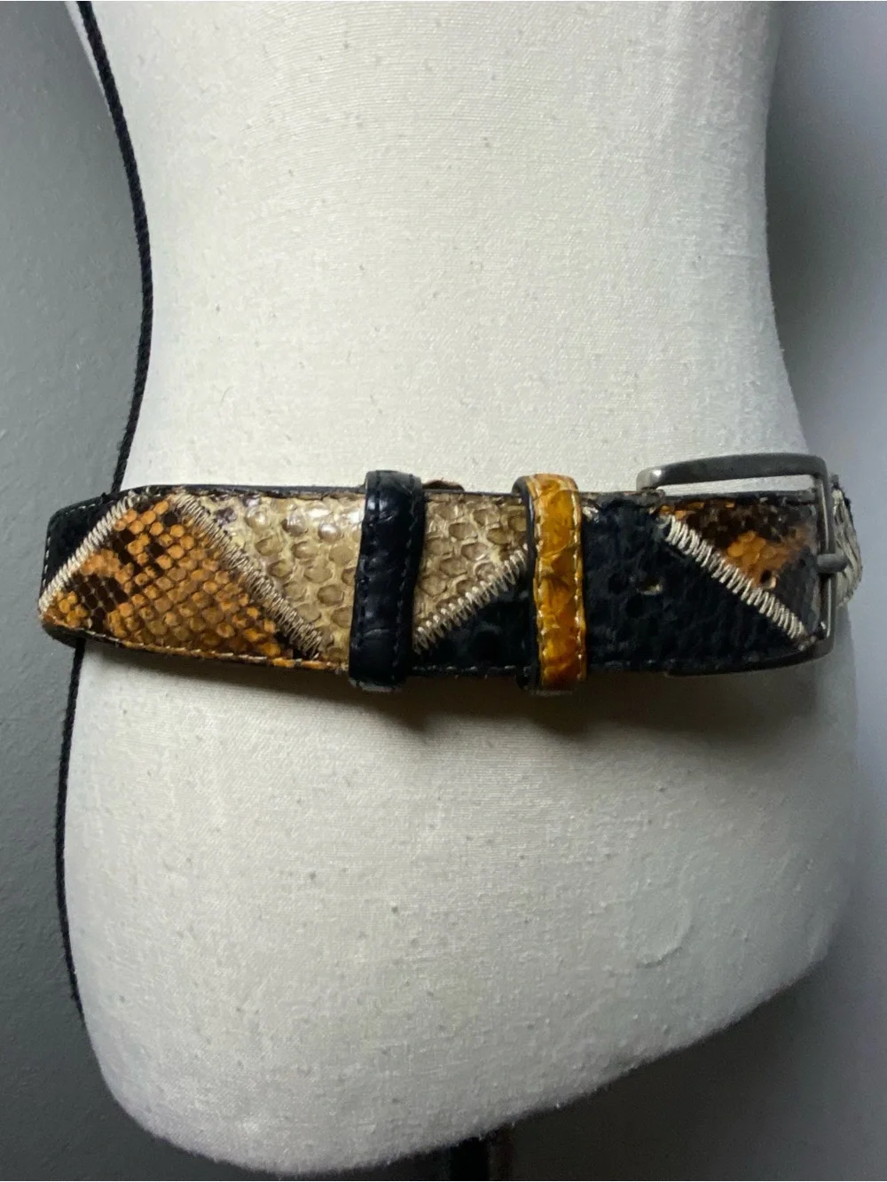 Vintage Italian Tan & Black Patchwork Snakeskin Leathed Belt Size XL